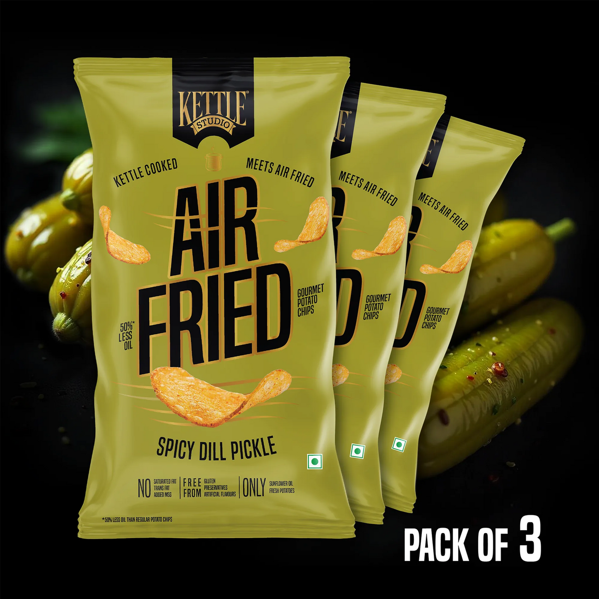 Air Fried Potato Chips Spicy Dill Pickle Pack of 3 pack by Kettle Studio