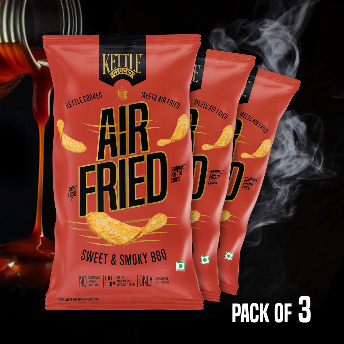 Air Fried Potato Chips Sweet & Smoky BBQ Pack of 3 pack by Kettle Studio