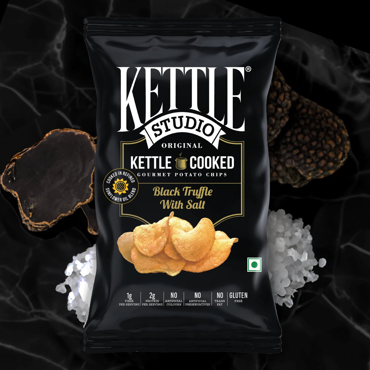 Black Truffle with Salt kettle cooked potato chips pack by Kettle Studio