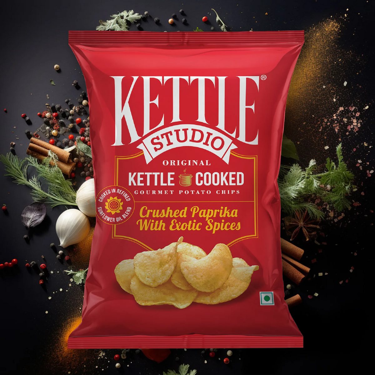 Crushed Paprika with Exotic Spices kettle cooked potato chips pack by Kettle Studio