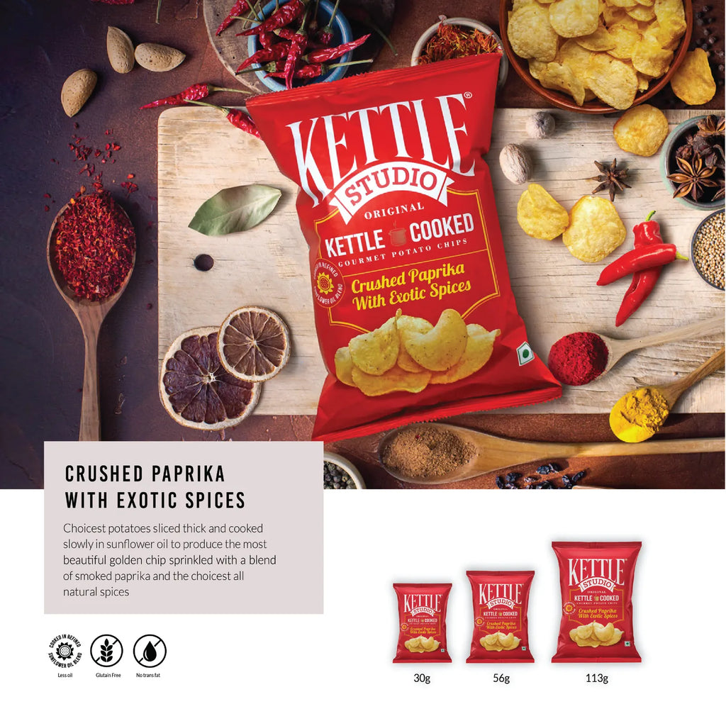 Crushed Paprika with Exotic Spices Pack of 6 kettle cooked potato chips pack by Kettle Studio