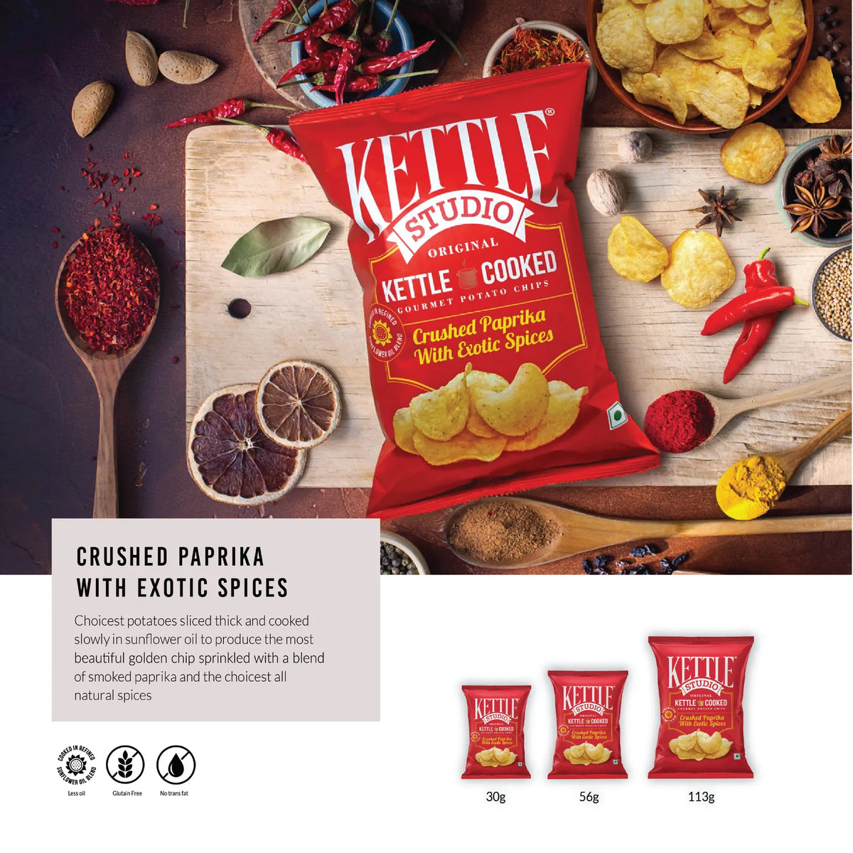 Crushed Paprika with Exotic Spices Pack of 6 kettle cooked potato chips pack by Kettle Studio