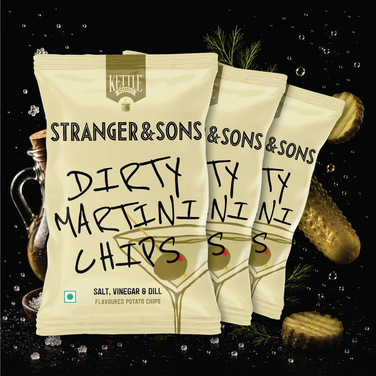Dirty Martini Salt, Vinegar & Dill Pack of 3 kettle cooked potato chips pack by Kettle Studio