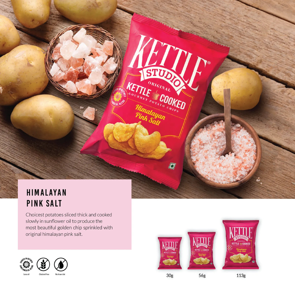Himalayan Pink Salt kettle cooked potato chips pack by Kettle Studio