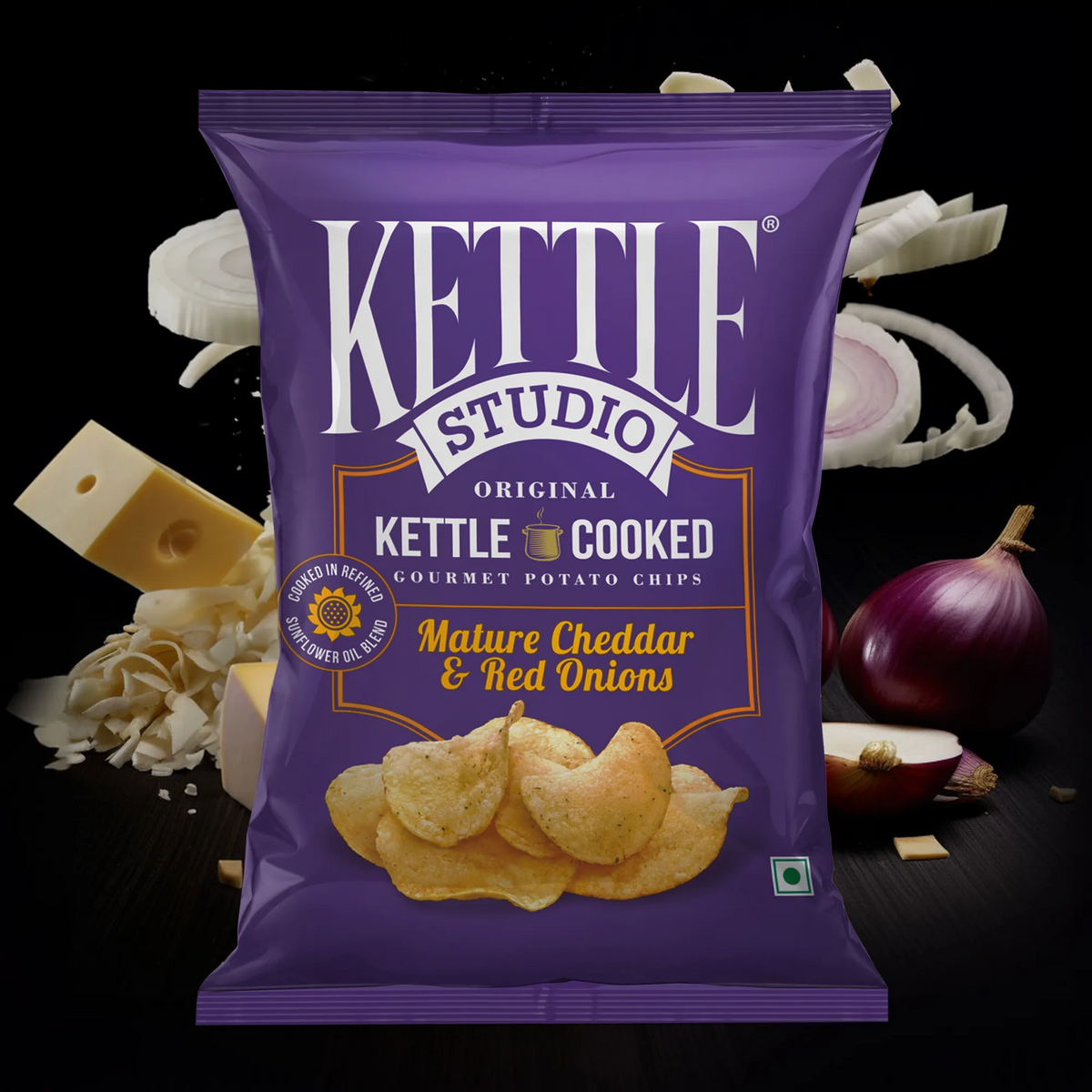 Mature Cheddar & Red Onions kettle cooked potato chips pack by Kettle Studio