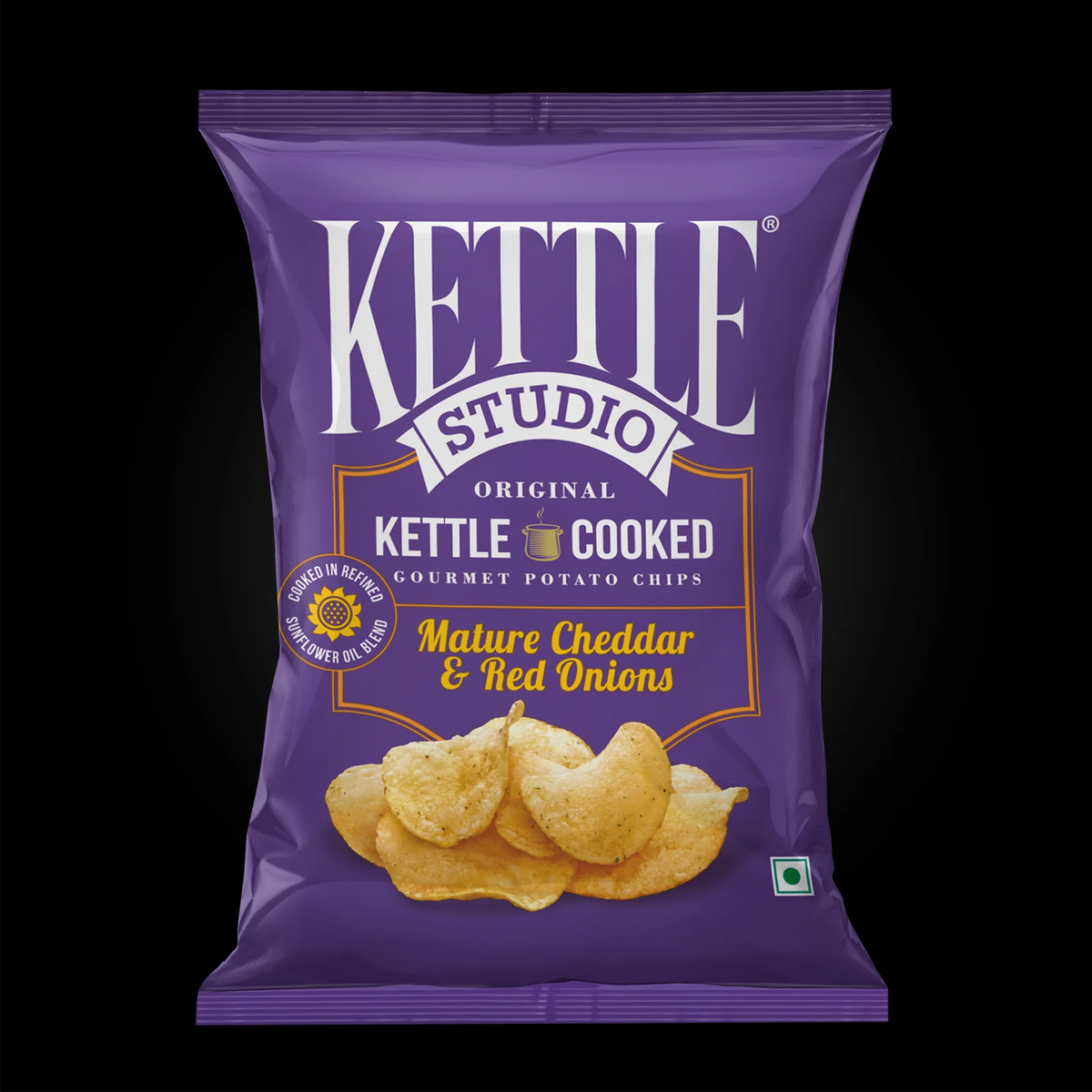 Mature Cheddar & Red Onions kettle cooked potato chips pack by Kettle Studio