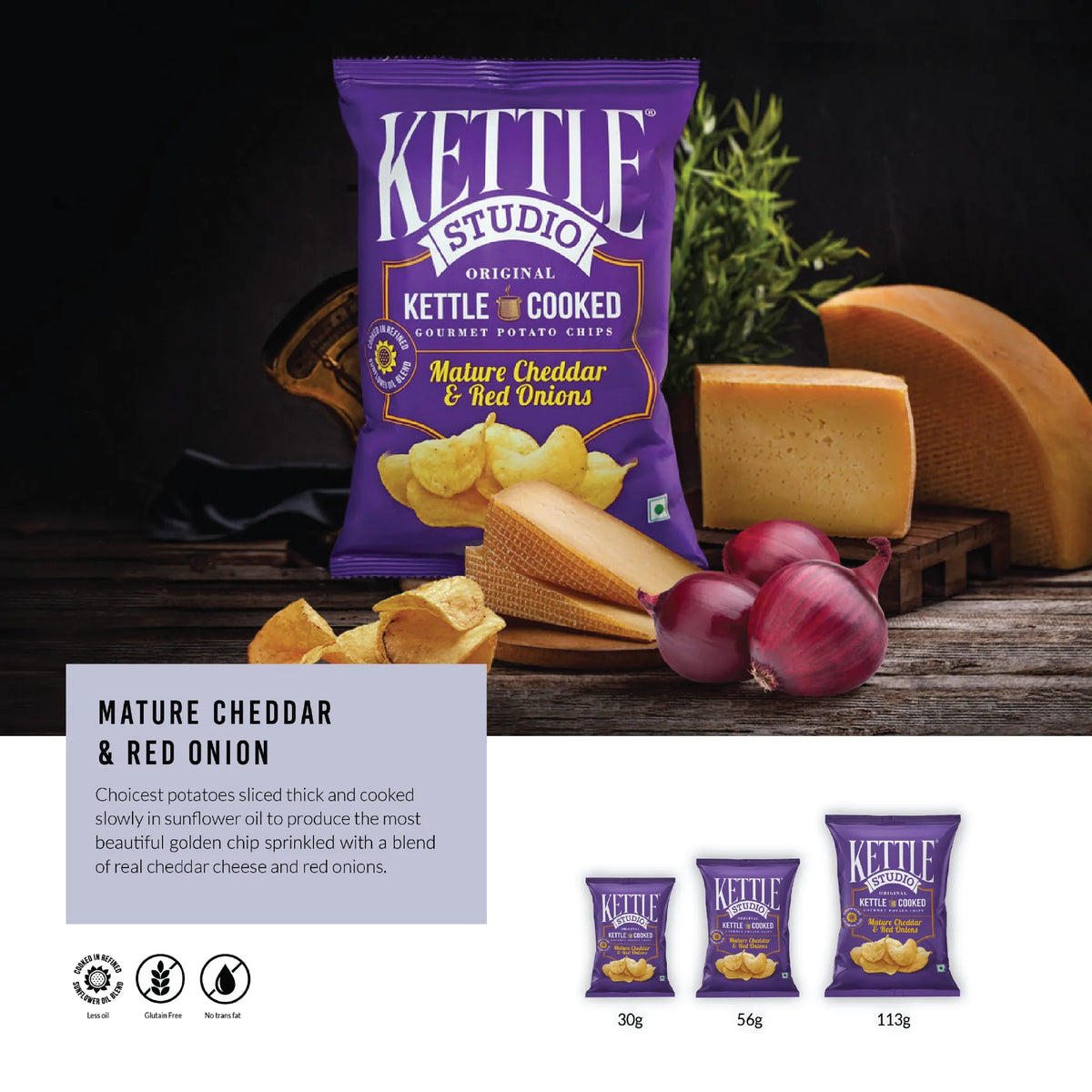 Mature Cheddar & Red Onions kettle cooked potato chips pack by Kettle Studio
