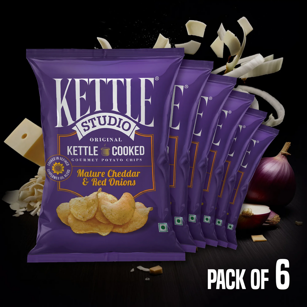 Mature Cheddar & Red Onions Pack of 6 kettle cooked potato chips pack by Kettle Studio