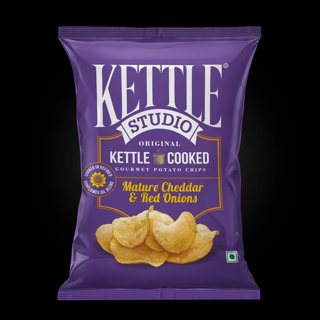 Mature Cheddar & Red Onions Pack of 6 kettle cooked potato chips pack by Kettle Studio