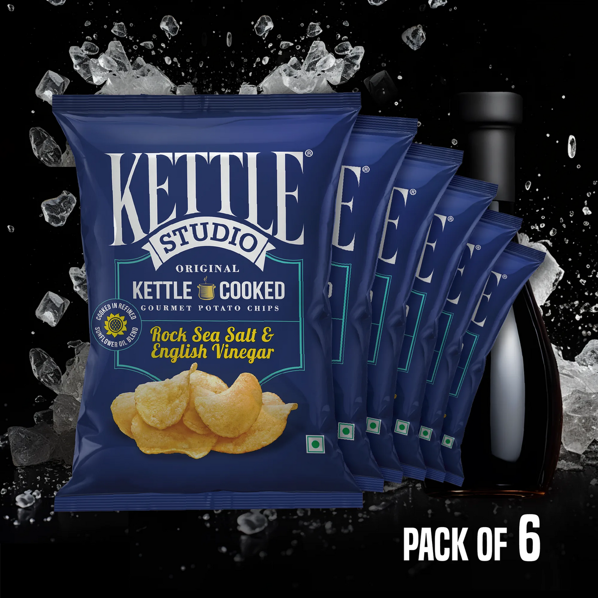 Rock Sea Salt & English Vinegar Pack of 6 kettle cooked potato chips pack by Kettle Studio