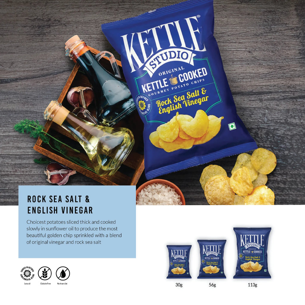 Rock Sea Salt & English Vinegar Pack of 6 kettle cooked potato chips pack by Kettle Studio