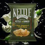 Sharp Jalapenos & Cream Cheese kettle cooked potato chips pack by Kettle Studio