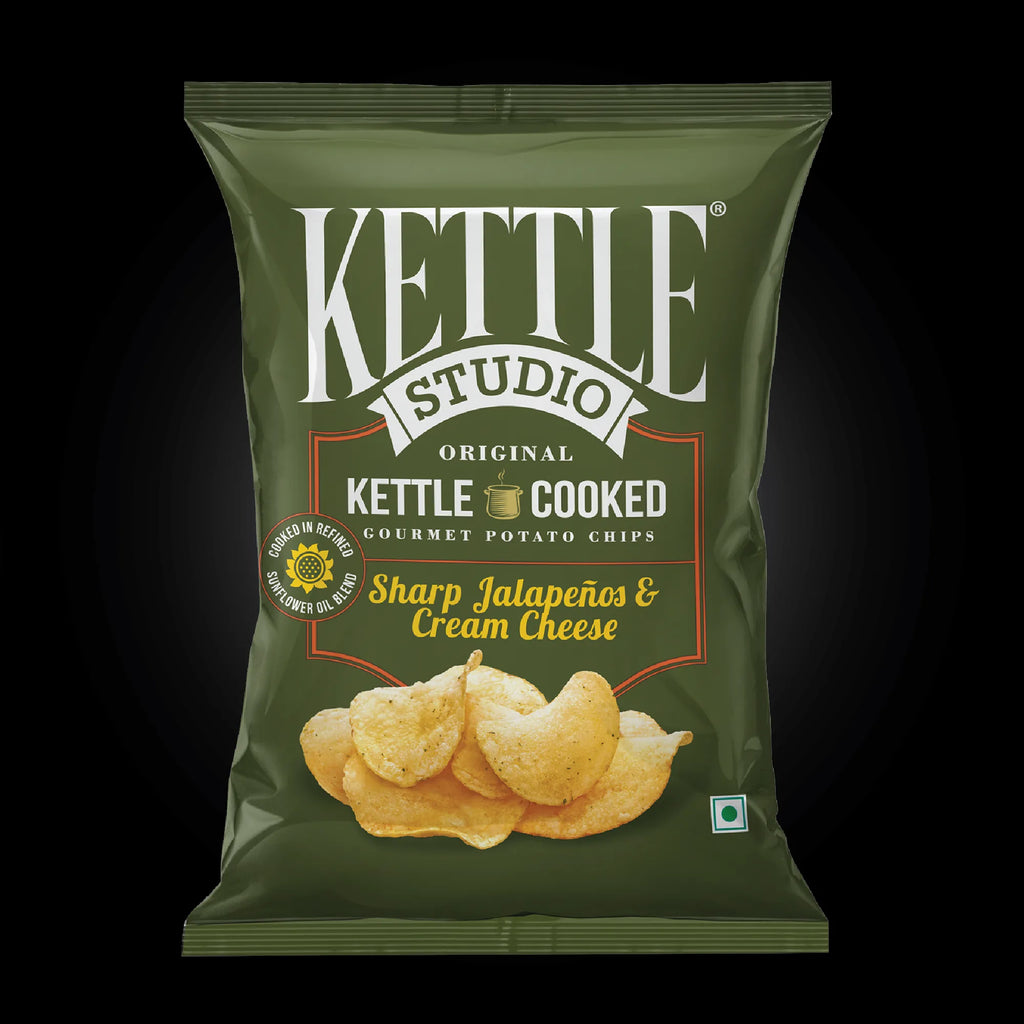 Sharp Jalapenos & Cream Cheese kettle cooked potato chips pack by Kettle Studio