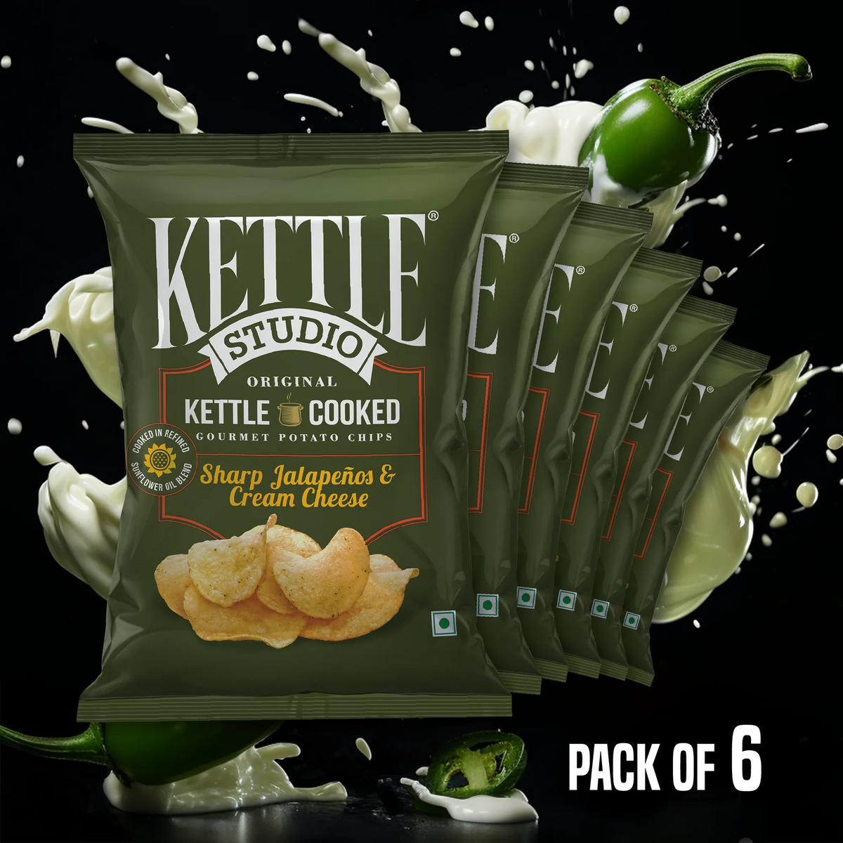 Sharp Jalapenos & Cream Cheese Pack of 6 kettle cooked potato chips pack by Kettle Studio