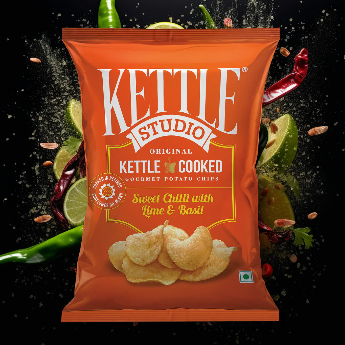 Sweet Chilli with Lime & Basil kettle cooked potato chips pack by Kettle Studio