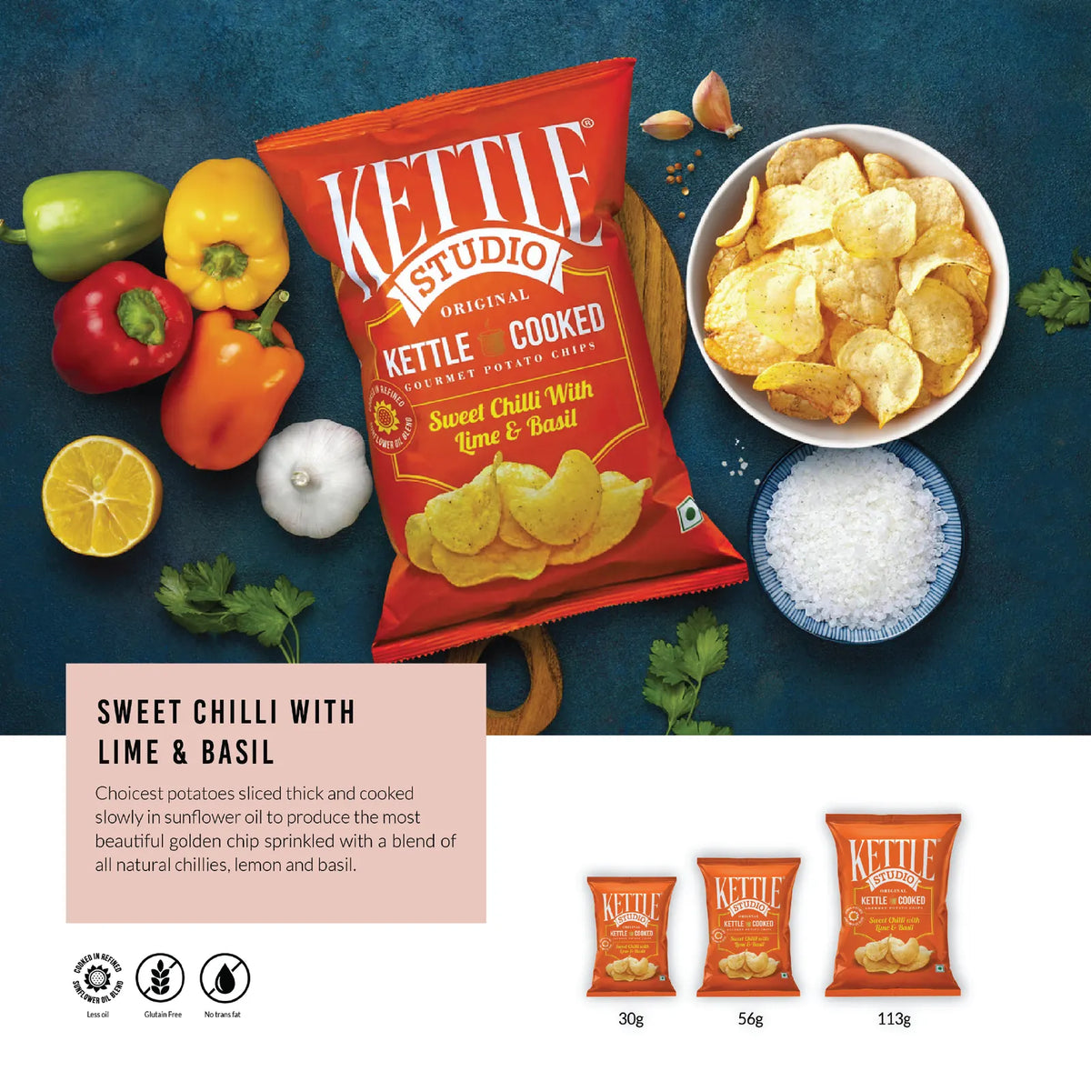 Sweet Chilli with Lime & Basil kettle cooked potato chips pack by Kettle Studio