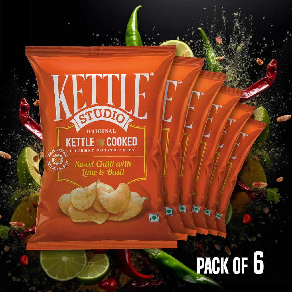 Sweet Chilli with Lime & Basil Pack of 6 kettle cooked potato chips pack by Kettle Studio