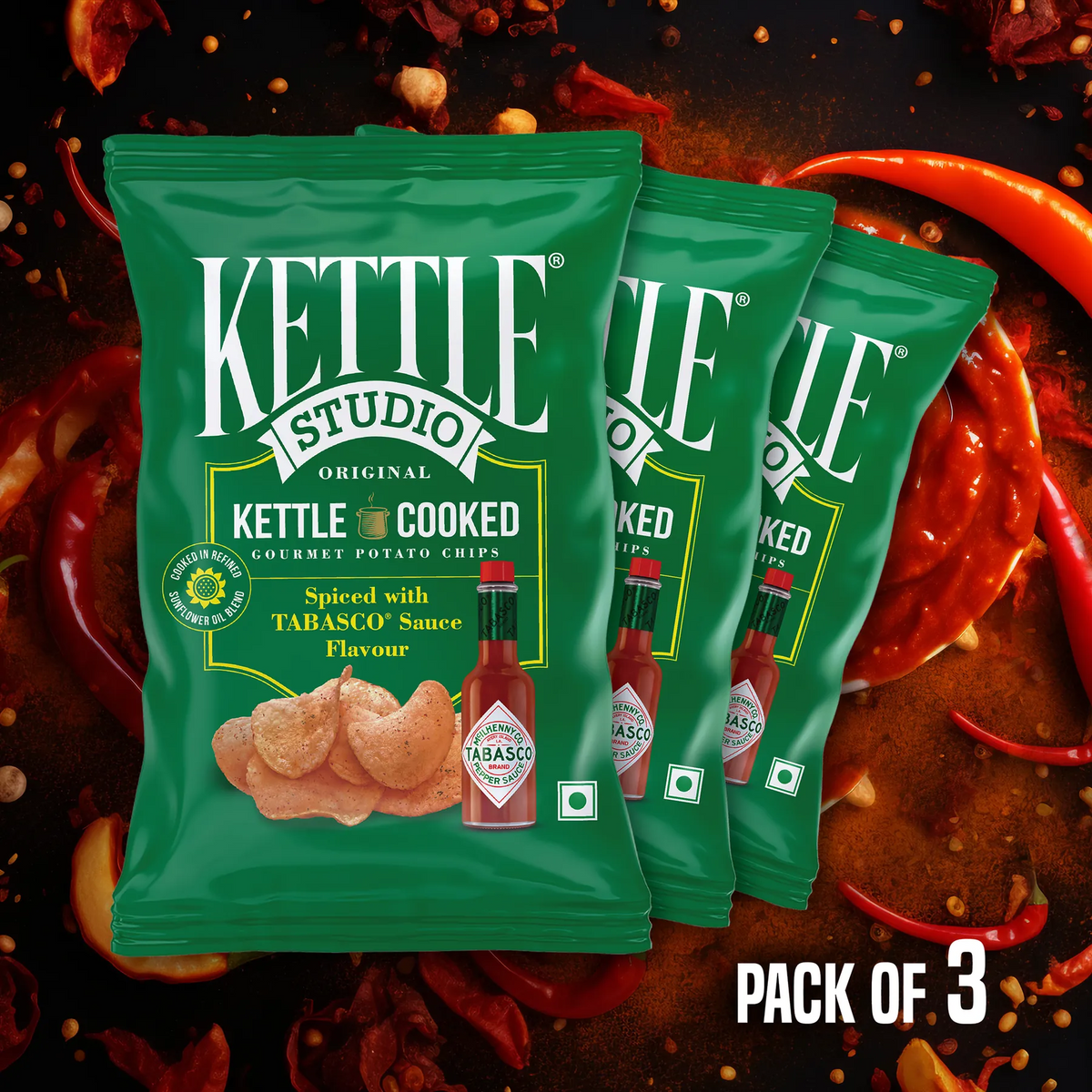 TABASCO® Sauce Flavour Pack of 3 kettle cooked potato chips pack by Kettle Studio