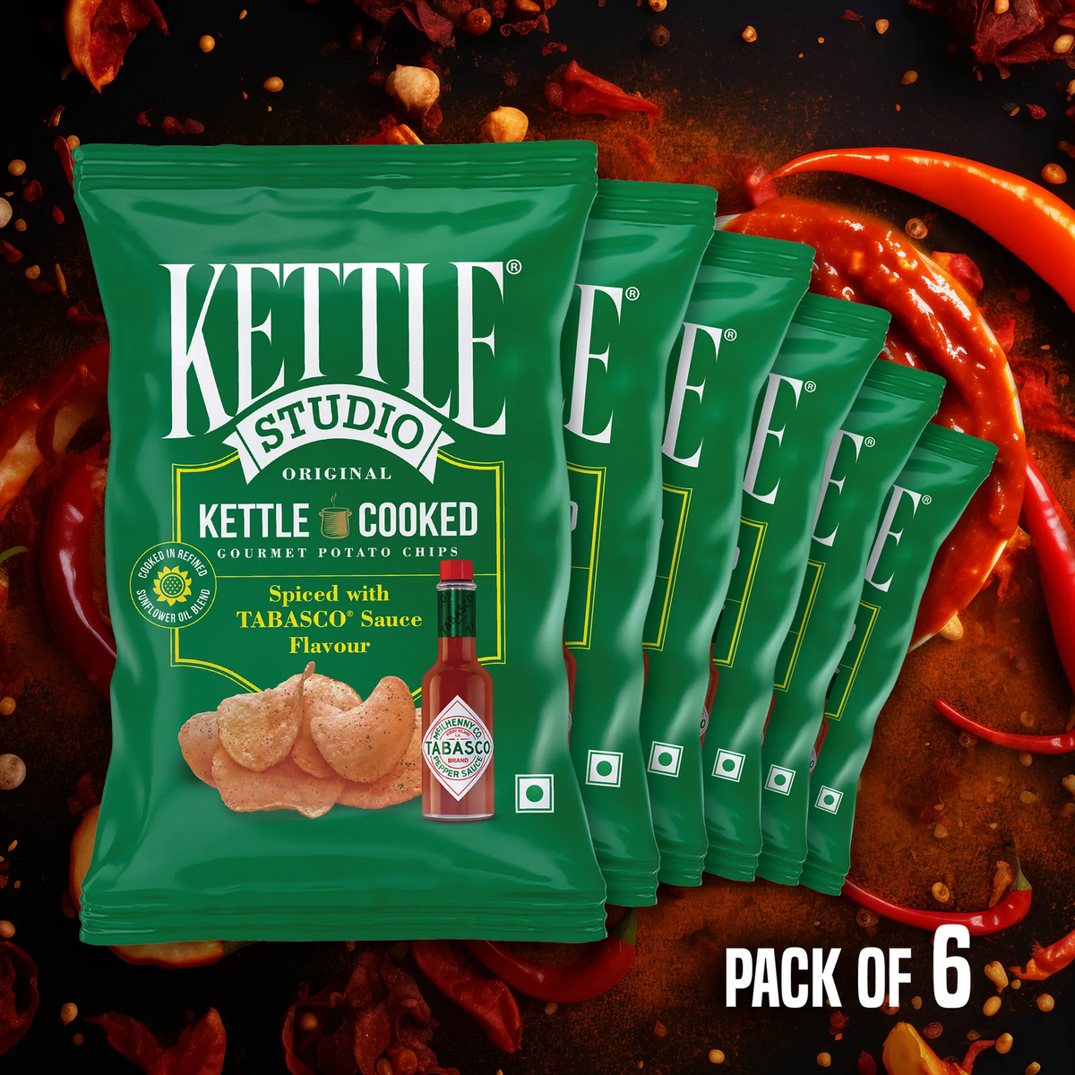 TABASCO® Sauce Flavour Pack of 6 kettle cooked potato chips pack by Kettle Studio