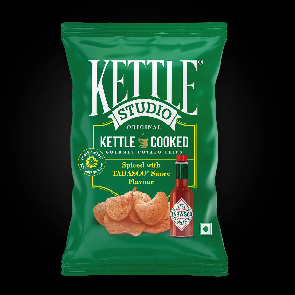 TABASCO® Sauce Flavour kettle cooked potato chips pack by Kettle Studio