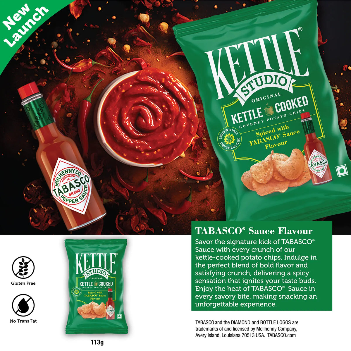 TABASCO® Sauce Flavour kettle cooked potato chips pack by Kettle Studio